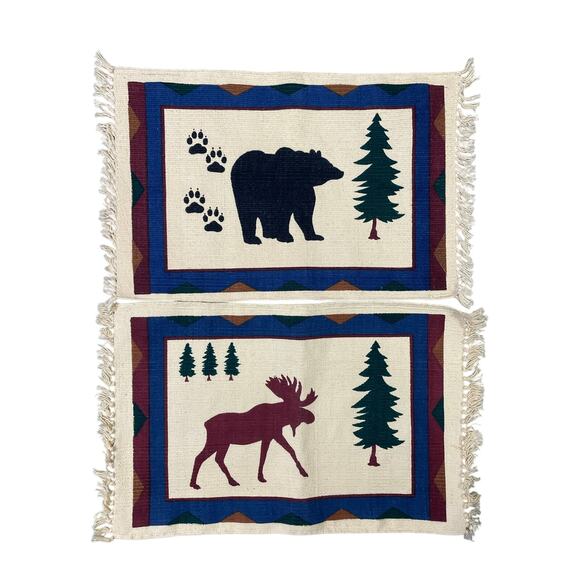 Vintage Rustic Lodge Grizzly Bear‎ Moose Tapestry Placemats Set of 2 Cotton - Picture 1 of 7